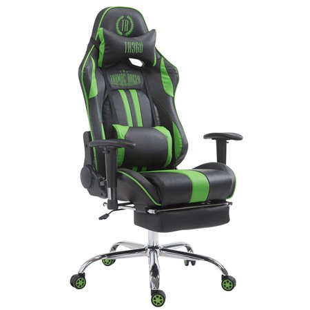 Fauteuil de bureau Gamer LOGAN avec Repose-pieds, Dossier Inclinable, Coussins Inclus, Piétement en Métal, Noir/Vert