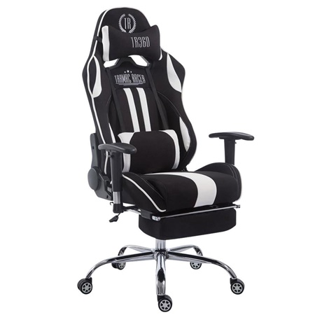 Fauteuil de bureau Gamer LOGAN TISSU avec Repose-pieds, Dossier Inclinable, Coussins Inclus, Piétement en Métal, Noir/Blanc