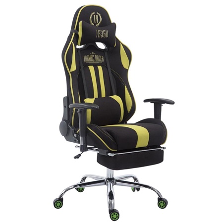 Fauteuil de bureau Gamer LOGAN TISSU avec Repose-pieds, Dossier Inclinable, Coussins Inclus, Piétement en Métal, Noir/Vert