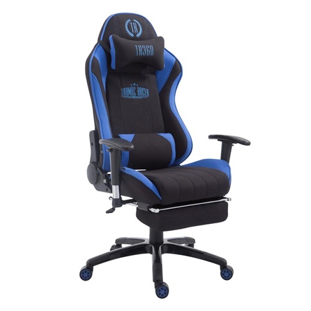 Fauteuil Gamer TURBO TISSU avec Repose-pieds, Dossier Inclinable, Coussin lombaire et cervical, Noir/Bleu