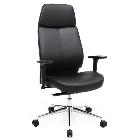 Chaise de bureau PIERRE, Dossier haut, Mécanisme avec positions, Piétement en métal, Cuir, Noir