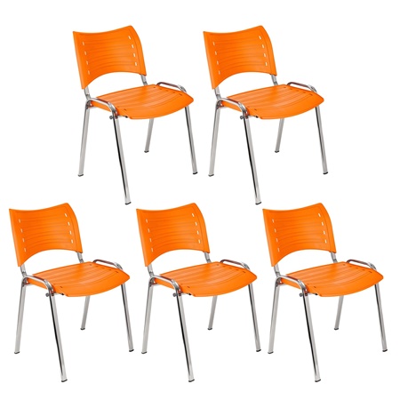 Lot de 5 Chaises visiteur ELVA, empilables et très pratiques, grande qualité, Orange et Piétement Chromé