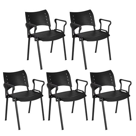 Lot de 5 Chaises visiteur ELVA AVEC ACCOUDOIRS, Empilables et Pratiques, Piétement Noir, Noir