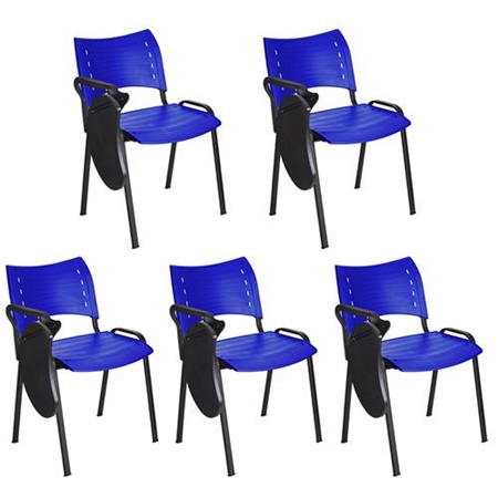 Lot de 5 Chaises visiteur ELVA AVEC TABLETTE, Empilables et Pratiques, Piétement Noir, Bleu