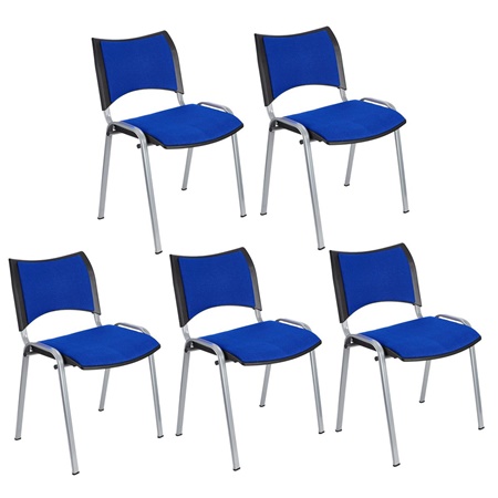 Lot de 5 Chaises conférence ROMEL, Rembourrage Commode, Empilables, Piétement Gris, en Tissu, Bleu