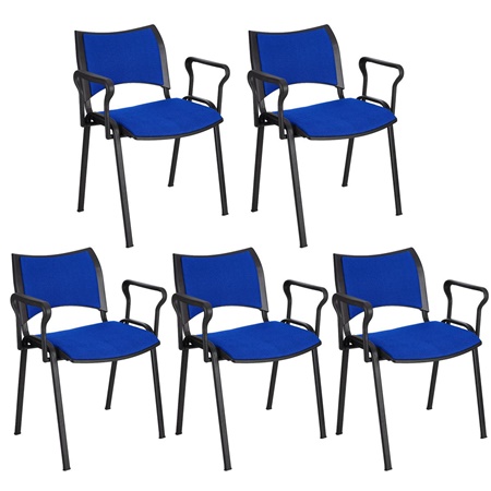 Lot de 5 chaises conférence ROMEL AVEC ACCOUDOIRS, Rembourrage Commode, Empilables, Piétement Noir, en Tissu, Bleu