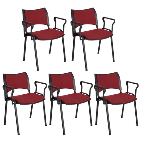 Lot de 5 chaises conférence ROMEL AVEC ACCOUDOIRS, Rembourrage Commode, Empilables, Piétement Noir, en Tissu, Bordeaux