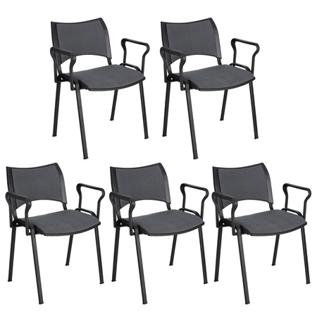 Lot de 5 chaises conférence ROMEL AVEC ACCOUDOIRS, Rembourrage Commode, Empilables, Piétement Noir, en Tissu, Gris