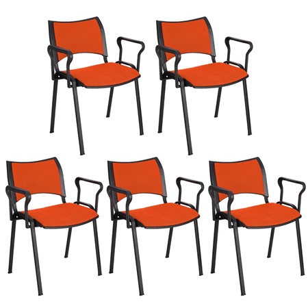 Lot de 5 chaises conférence ROMEL AVEC ACCOUDOIRS, Rembourrage Commode, Empilables, Piétement Noir, en Tissu, Orange
