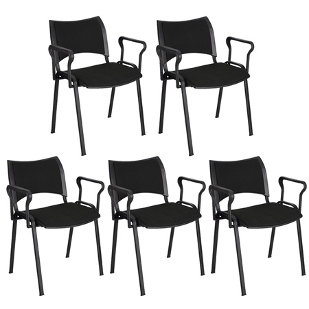 Lot de 5 chaises conférence ROMEL AVEC ACCOUDOIRS, Rembourrage Commode, Empilables, Piétement Noir, en Tissu, Noir