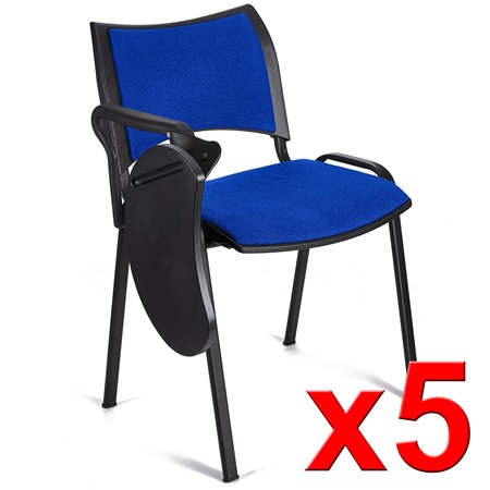 Lot de 5 Chaises conférence ROMEL AVEC TABLETTE, Rembourrage Commode, Empilables, Piétement Noir, en Tissu, Bleu