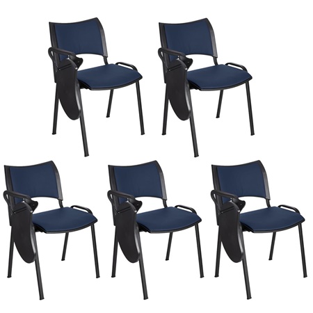 Lot de 5 Chaises conférence ROMEL AVEC TABLETTE CUIR, Rembourrage Commode, Empilables, Piétement Noir, Bleu