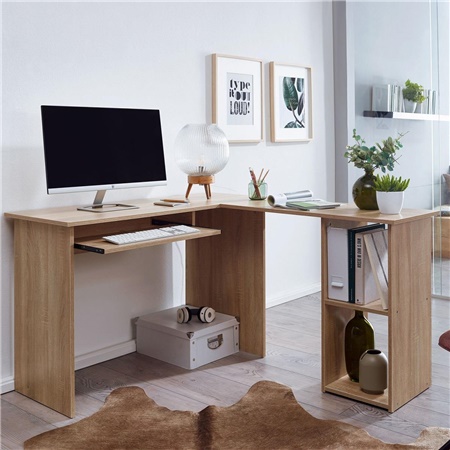 Bureau Informatique OLONG, 140x120x75,5 cm, Support Clavier, en Bois de Chêne