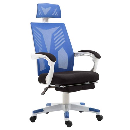 Fauteuil Gaming NEON WHITE, Ergonomique, Repose-pieds Extensible, Maille Respirable, Noir et Bleu