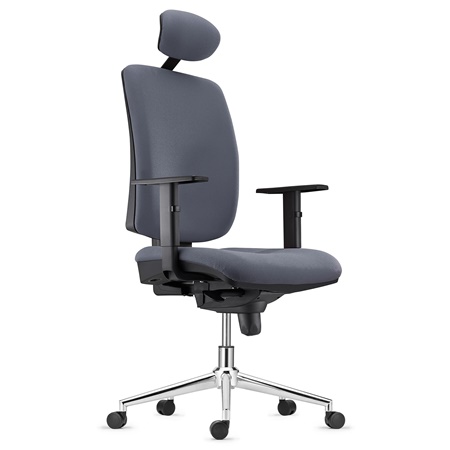Chaise ergonomique PIERO, Piétement en Acier chromé, Appui-tête et Accoudoirs Ajustables, en Tissu Gris