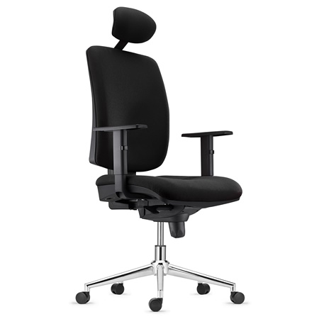 Chaise ergonomique PIERO, Piétement en Acier chromé, Appui-tête et Accoudoirs Ajustables, en Tissu Noir