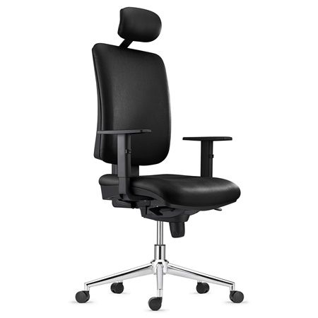 Chaise ergonomique PIERO, Piétement en Acier chromé, Appui-tête et Accoudoirs Ajustables, en Cuir Noir