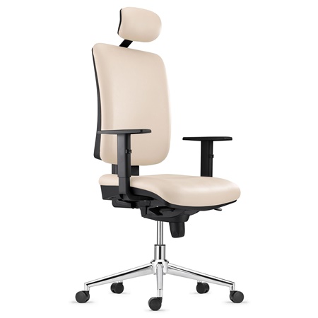 Chaise ergonomique PIERO, Piétement en Acier chromé, Appui-tête et Accoudoirs Ajustables, en Cuir Crème