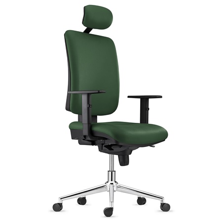 Chaise ergonomique PIERO, Piétement en Acier chromé, Appui-tête et Accoudoirs Ajustables, en Cuir Vert