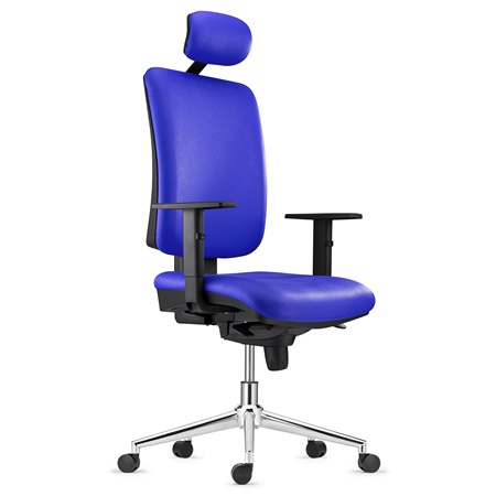 Chaise ergonomique PIERO, Piétement en Acier chromé, Appui-tête et Accoudoirs Ajustables, en Cuir Bleu