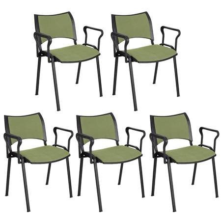 Lot de 5 chaises conférence ROMEL AVEC ACCOUDOIRS, Rembourrage Commode, Empilables, Piétement Noir, en Tissu, Vert Olive