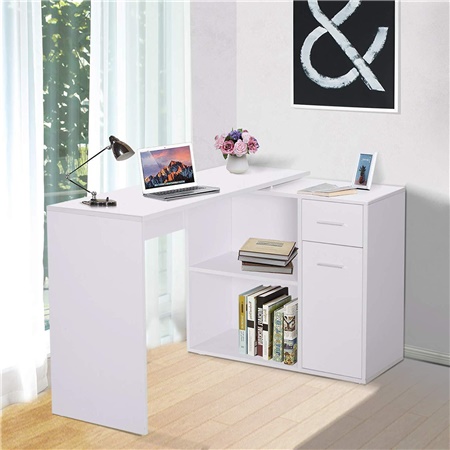 Bureau d'angle Modulable YANN, avec Tiroir et Étagères, en Bois, Blanc