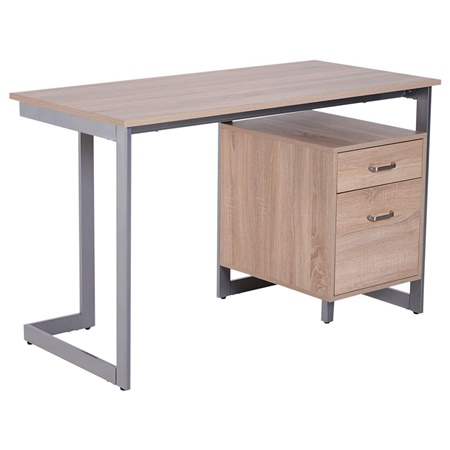 Bureau Informatique AMONDI, 120x58x76 cm, avec Tiroir, en Métal et Bois, couleur Chêne