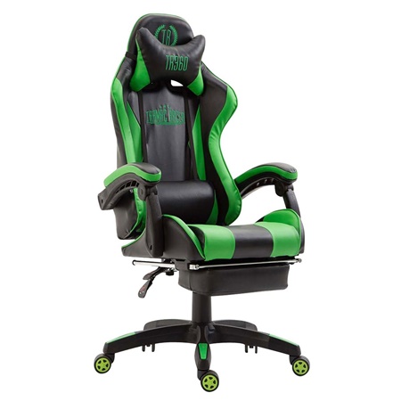 Chaise Gaming LAUDA avec Repose-Pieds, Coussin Lombaire et Cervical, en Cuir, Noir/Vert