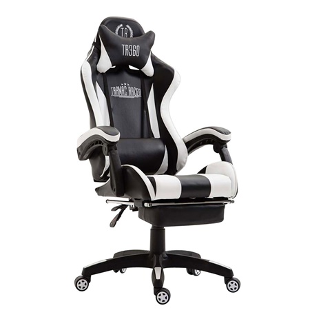 Chaise Gaming LAUDA avec Repose-Pieds, Coussin Lombaire et Cervical, en Cuir, Noir/Blanc