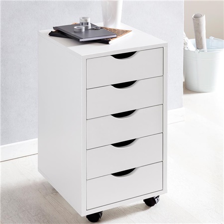 Commode à Roulettes CLOVER, 33x64x38 cm, 5 Tiroirs, en Bois, couleur Blanc