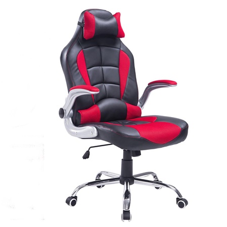 Chaise Gaming LEXY, Accoudoirs Rabattables, en Cuir Noir et Maille Rouge