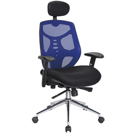 Chaise Ergonomique MANTRA, Appui-tête, Support Lombaire, Accoudoirs Ajustables, Bleu